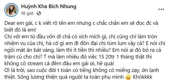 Cụ thể,  nữ game thủ Jiny bị đàn em đặt điều : “Ngồi mát ăn bát vàng”, “Làm thì ít tiền thì nhiều?”, “Được ai đó bỏ ra cho cả trăm củ” dù không hề có xích mích.