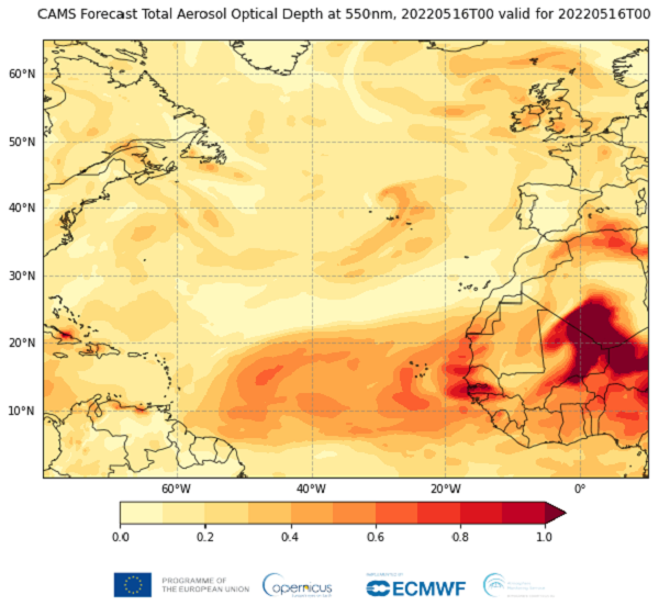 Dịch vụ Giám sát khí quyển Copernicus (CAMS) của Cơ quan Vũ trụ châu Âu ESA đã phát hiện một  "bóng ma" màu đỏ khổng lồ đang di chuyển từ sa mạc Sahara, băng qua Đại Tây Dương, tiến về phía vùng Caribean.