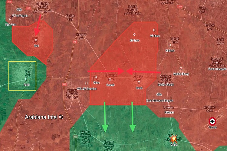 Các đơn vị  quân đội Syria tập trung binh lực tiếp tục tấn công về phía nam sau khi đã giành toàn quyền kiểm soát thị trấn chiến lược Busra al-Harir và làng Nahitah từ lực lượng Hồi giáo cực đoan Hay’at Tahrir Al-Sham (HTS, Al-Qaeda Syria) và Quân đội Syria tự do (FSA).