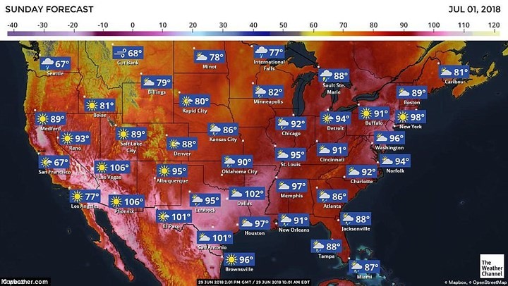Nắng nóng lan tới nhiều khu vực của  nước Mỹ, nhiều khu vực nhiệt độ lên tới trên 100 độ F. Ảnh: AccuWeather.