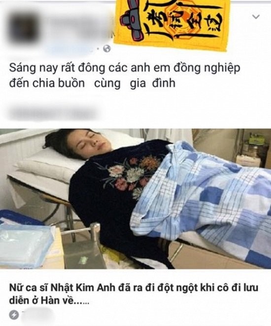 Nữ ca sĩ  Nhật Kim Anh tức giận khi bị một trang mạng xã hội đưa thông tin cô đã chết. Cô bức xúc viết: "Trời ơi, cái gì vậy? Tôi chết hồi nào vậy, tôi còn sống nhăn răng nhá. Haizzza giờ toàn mấy trang câu Like bất chấp thủ đoạn vậy không biết?".