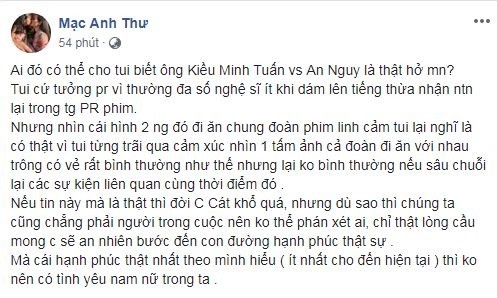 Làng giải trí hôm qua ai ai cũng giật status về chuyện tình yêu của  Kiều Minh Tuấn- An Nguy. Người mẫu Mạc Anh Thư viết tút dài để thương xót Cát Phượng.