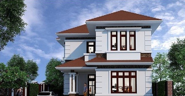 Biệt thự mini trên diện tích 100m2 với màu tường trắng sữa kết hợp với mái ngói màu nâu đỏ.