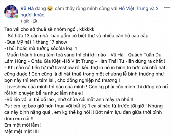 Vũ Hà ẩn ý "đá xéo" đàn em cùng tên vì bệnh "nổ"