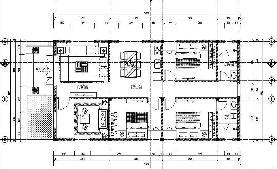 Đây là mẫu nhà cấp 4 có 3 phòng ngủ và một phòng thờ. Bản vẽ cho thấy mặt bằng nhà không quá rộng, phòng ngủ được phân bố ở hai phía nhà, ở giữa là phòng khách, sau phòng khách là phòng thờ nhỏ rồi phòng bếp