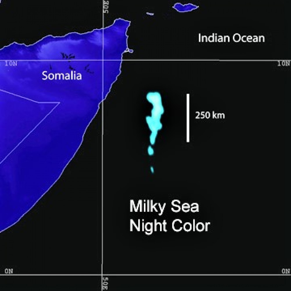 Biển sữa (Milky) đề cập đến ánh sáng màu trắng đục (với các sắc thái xanh lam khác nhau) độc đáo của vùng biển rộng 16.000 km2 ở Ấn Độ Dương. Nó phát đủ sáng vào ban đêm để các vệ tinh quay quanh Trái đất có thể nhìn thấy. Hiện tượng đại dương xảy ra do hoạt động của vi khuẩn phát quang sinh học, làm cho nước chuyển sang màu xanh lam, nhìn bằng mắt thường trong bóng tối có màu trắng sữa. Hiện tượng biển Milky được ghi nhận là đã tồn tại hơn 4 thế kỷ. Ảnh: Wikipedia