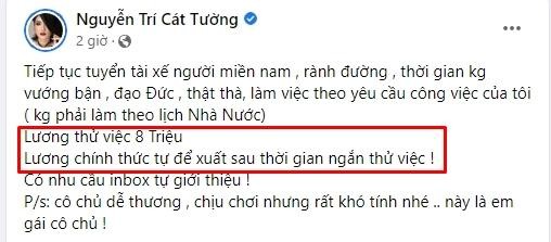 Tuyển tài xế, Cát Tường bị dân mạng la ó 'trả lương quá thấp'