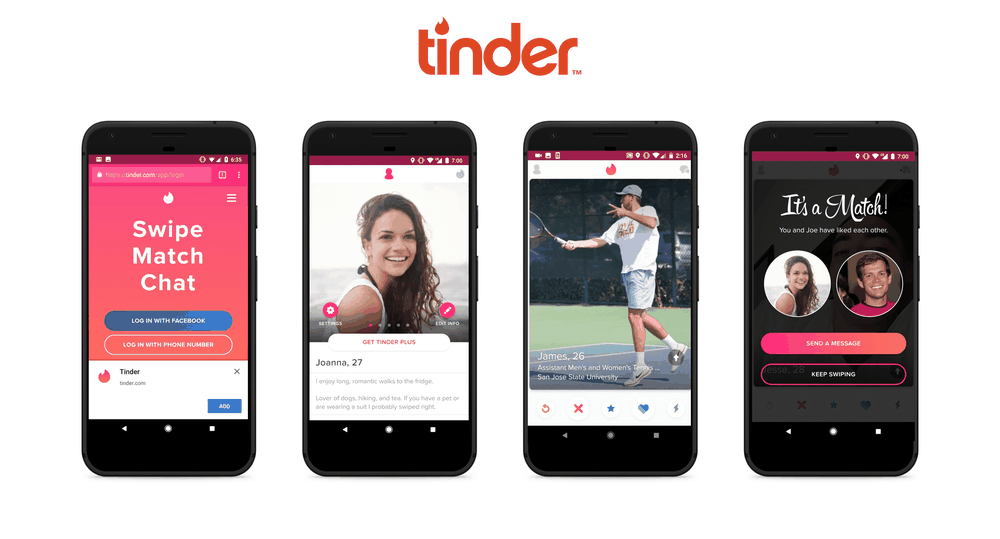 1. Tinder. Nếu bạn đang tìm cho mình một mối quan hệ lâu dài, Tinder chắc chắn sẽ là điểm đến đầu tiên. Tinder sẽ gợi ý cho bạn những người dùng khác đang tham gia trong mạng xã hội này và việc của bạn chỉ là lướt trái hay lướt phải để thích hay “bỏ qua”. Nếu các bạn “tương hợp”, pháo hoa sẽ bay tứ tung và 2 người có thể nhắn tin với nhau. Tinder được xem là  ứng dụng hẹn hò hot nhất hiện nay.