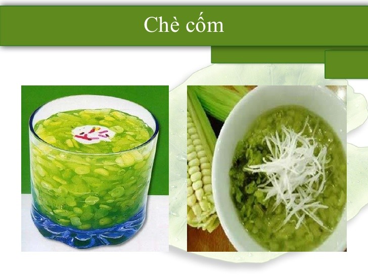  Chè cốm: Nằm đầu danh sách  những món chè ngon trong mùa thu. Cốm là món ăn “truyền thống” trong mùa thu Hà Nội. Chè cốm là cách thưởng cốm sáng tạo của người dân. Bát chè cốm nước cốt dừa là tổng hòa của các thành phần cốm non, bột năng, bột sắn, đường, nước cốt dừa và dừa tươi. Loại chè này ăn nóng hay ăn lạnh đều rất ngon.