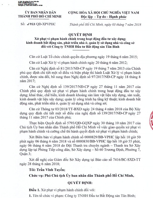 Theo quyết định của UBND TP. HCM, ngoài bị phạt tiền 1,64 tỷ, công ty Bất động sản Tân Bình còn bị đình chỉ hoạt động kinh doanh 12 tháng, đình chỉ xây dựng 6 tháng, buộc thay thế giám đốc ban quản lý dự án do không đủ năng lực theo quy định. Ảnh: Thương hiệu và Công luận.