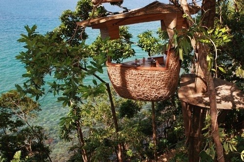 Treepoddining, Soneva Kiri Resort, Thái Lan: Du khách đến đây sẽ được thưởng thức những bữa ăn được phục vụ tại những nhà hàng bằng tre, và treo lơ lửng trên cây.  Nhà hàng kỳ dị nhất thế giới này là địa điểm tuyệt vời để ngắm bờ biển cát trắng trong khi thưởng thức những ly rượu ngon.