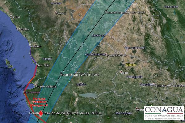 Ảnh đường đi của siêu bão Patricia. Theo Trung tâm Dự báo bão Quốc gia, bão Patricia mạnh cấp độ 5 đã chính thức đổ bộ vào bờ biển gần Cuixmala, Mexico với sức gió giật mạnh gần 300 km/h.