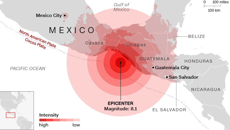 CNN dẫn thông tin từ Cơ quan Khảo sát Địa chất Mỹ cho biết, trận  động đất mạnh 8,1 độ richter ở Mexico với tâm chấn ở độ sâu 69,7 km xảy ra vào đêm 7/9 (giờ địa phương) ngoài khơi bờ biển phía Nam nước này. Ảnh: CNN.