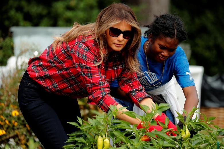  Đệ nhất phu nhân Mỹ Melania tự tay thu hoạch và trồng mới các loại rau củ quả cùng các em nhỏ đến từ câu lạc bộ "Boys and Girls Club" trong khu vườn rau Nhà Bếp của Nhà Trắng ở thủ đô Washington hôm 22/9. Ảnh: Reuters.