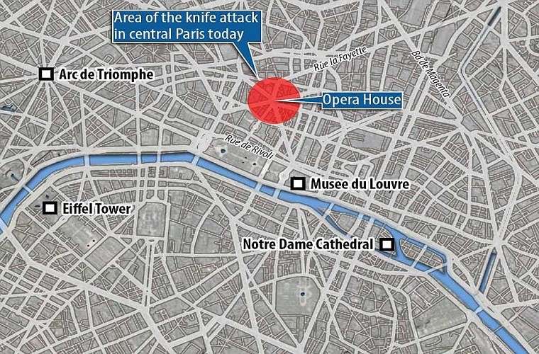 Theo Daily Mail, vụ  đâm dao kinh hoàng ở Paris xảy ra tại quận Opera ở trung tâm thủ đô nước Pháp, gần nhà hát opera Garnier, vào ngày 12/5 (giờ địa phương). Ảnh: Daily Mail.