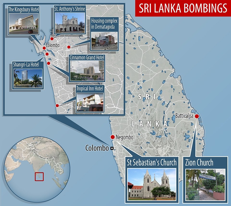 Washington Post dẫn lời Bộ trưởng Quốc phòng Sri Lanka Ruwan Wijewardene cho biết, hàng loạt vụ đánh bom tại các nhà thờ và khách sạn ở Sri Lanka xảy ra trong khoảng thời gian từ 8h45 đến 9h30 sáng ngày 21/4 (giờ địa phương). Ảnh: Daily Mail.