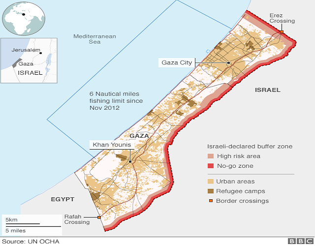 Theo BBC, Dải Gaza được bao quanh bởi Địa Trung Hải, Israel và Ai Cập. Về mặt pháp lý, Gaza không được quốc tế công nhận là một phần của bất kỳ quốc gia có chủ quyền nào. Tên của dải đất này được đặt theo tên thành phố chính Gaza. (Nguồn ảnh: BBC)