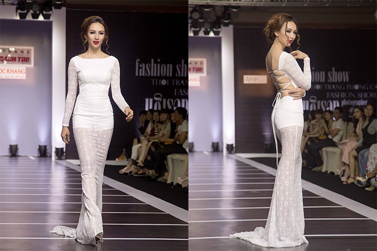  Hoa hậu Ngọc Diễm vừa xuất hiện trên sàn catwalk với vai trò vedette của NTK An Nhiên trong một show diễn thời trang.