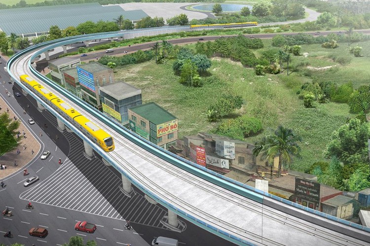 Dự án tuyến  metro Nhổn Ga Hà Nội có chiều dài khoảng 12,5 km chạy dọc quốc lộ 32 từ Nhổn qua các đoạn đường Hồ Tùng Mậu - Cầu Giấy - Kim Mã - Núi Trúc - Cát Linh - Trần Quý Cáp và kết thúc ở ga Hà Nội. Trong ảnh là phối cảnh 3D của đoạn trên cao để tàu đi từ khu depo Nhổn ra ga Nhổn.