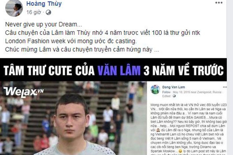  Thủ môn Đặng Văn Lâm đang trở thành ngôi sao trong lòng công chúng sau khi đội tuyển Việt Nam giành chức vô địch AFF Cup 2018. Ngoài cư dân mạng, nhiều mỹ nhân Việt cũng đổ gục trước tài năng và vẻ điển trai của anh. Một trong số đó là Á hậu Hoàng Thùy. Người đẹp chúc mừng Đặng Văn Lâm và dẫn lại câu chuyện truyền cảm hứng của thủ môn từng viết tâm thư xin vào đội tuyển Việt Nam vào 3 năm trước.