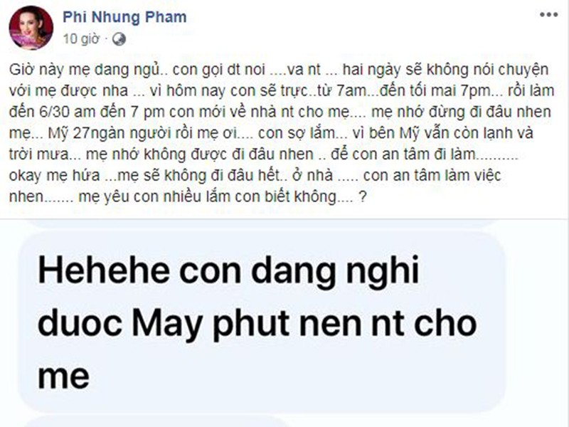  Phi Nhung mới đây chia sẻ lời nhắn nhủ của con gái ruột Wendy làm y tá ở Mỹ giữa bệnh dịch Covid-19.