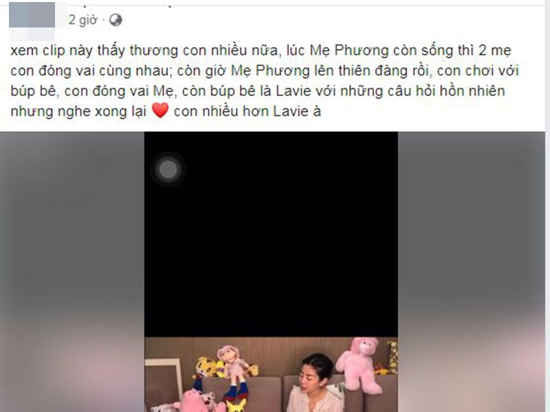 Sau hơn 20 ngày  Mai Phương qua đời, quản lý của cô đăng tải clip cố diễn viên chơi cùng con gái kèm chú thích: "Xem clip này thấy thương con nhiều nữa, lúc mẹ Phương còn sống thì 2 mẹ con đóng vai cùng nhau; còn giờ mẹ Phương lên thiên đàng rồi, con chơi với búp bê, con đóng vai Mẹ, còn búp bê là Lavie với những câu hỏi hồn nhiên nhưng nghe xong lại yêu con nhiều hơn Lavie à".