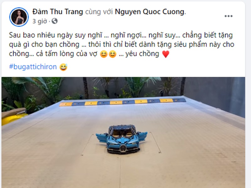 Mới đây,  Đàm Thu Trang tặng quà cho ông xã  Cường Đô la siêu xe mô hình. Tuy nhiên, Cường Đô la mong muốn một chiếc xe hàng thật hơn.