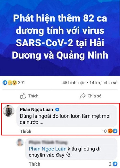 Để lại bình luận "đúng là ngoài đó luôn làm mệt mỏi cả nước" dưới một bài đăng của một Youtuber về tình hình dịch COVID-19 ở Quảng Ninh và Hải Dương,  Phan Ngọc Luân đang hứng gạch đá từ phía dư luận. Ảnh: Tiền Phong