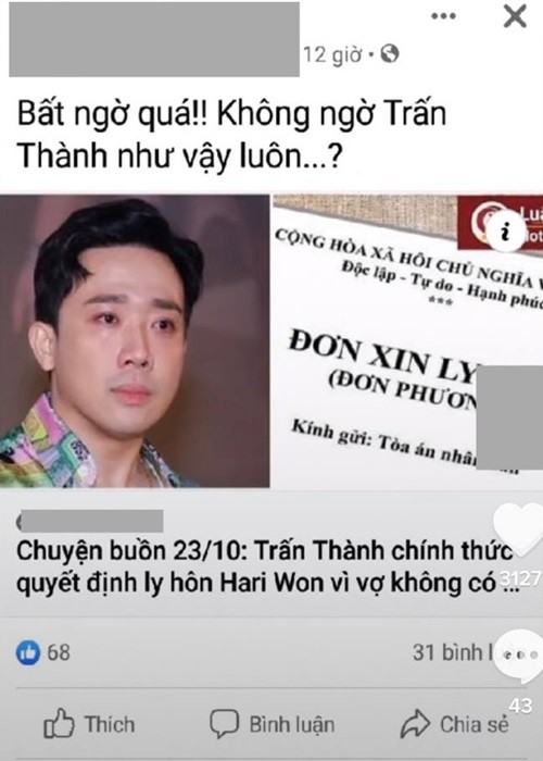 Mới đây, một tài khoản TikTok tung tin đồn Trấn Thành đơn phương ly hôn Hari Won. Cụ thể, tài khoản này chia sẻ ảnh chụp màn hình bài viết có tiêu đề: "Chuyện buồn 23/10: Trấn Thành chính thức quyết định ly hôn Hari Won vì vợ không có...". Ngoài ra, tài khoản này viết: "Phải không mọi người, hóng hớt drama này đi anh em. Nhờ anh em xác minh hộ". Thực tế, đây là tin đồn nhảm bởi mới đây, Trấn Thành còn đăng tải clip nấu ăn cho vợ, cả hai còn hát hò tại nhà riêng. Ảnh: Dân Việt