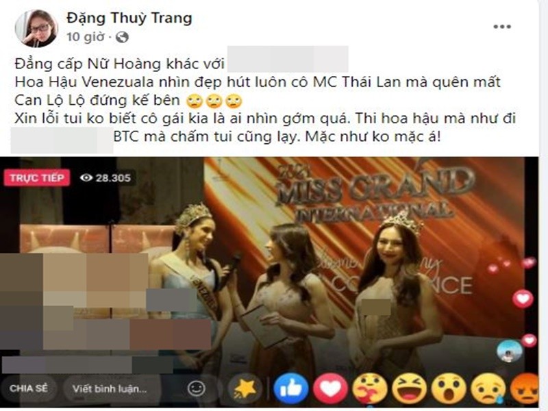 Mới đây, trên trang cá nhân, Đặng Thùy Trang - chị gái của Hoa hậu Đại dương Đặng Thu Thảo liên tục đăng tải status chê trang phục của  Nguyễn Thúc Thùy Tiên tại cuộc thi Miss Grand International 2021 - Hoa hậu Hòa bình Quốc tế 2021. Thùy Trang cho rằng Thùy Tiên mặc hở như Can Lộ Lộ. Ảnh chụp màn hình