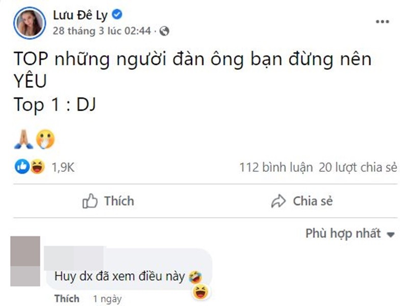 Nghi vấn  Lưu Đê Ly "bóc phốt" DJ Huy DX rộ lên sau khi cô đăng tải status: "Top những người đàn ông bạn đừng nên yêu. Top 1: DJ". Ảnh chụp màn hình