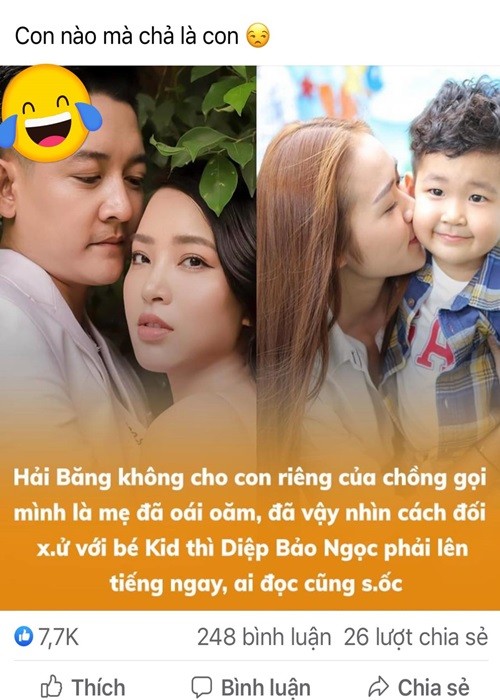 Mới đây, nữ ca sĩ Hải Băng bị đồn ác ý. Cụ thể, một Fanpage đăng tải nội dung thiếu căn cứ: "Hải Băng không cho con riêng của chồng gọi mình là mẹ đã oái oăm, đã vậy nhìn cách đối xử với bé Kid (con trai riêng của Thành Đạt) thì Diệp Bảo Ngọc (vợ cũ Thành Đạt) phải lên tiếng ngay, ai đọc cũng sốc". Phía Hải Băng tỏ ra khá bình thản trước thông tin sai sự thật. Trên trang cá nhân, cô chia sẻ ảnh chụp bài đăng của Fanpage cùng loạt bình luận mắng chửi của cư dân mạng khi chưa rõ thực hư sự việc. "Sáng sớm đọc bình luận rác, thấy giải trí ghê", Hải Băng viết.