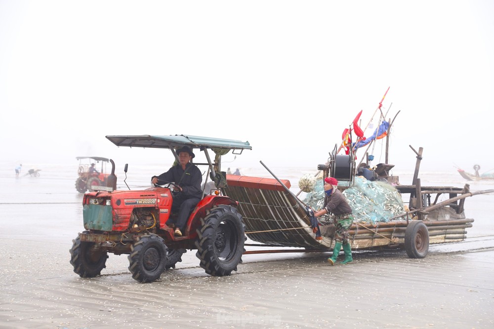 8 giờ sáng ngày 5/3, dọc bãi biển xã Diễn Kim, huyện Diễn Châu, Nghệ An, từng chiếc bè mảng nối đuôi nhau về bờ. Bà con ngư dân phấn khởi khi những tấm lưới nặng trĩu cá trích.