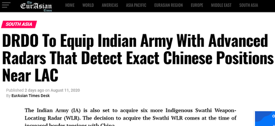 Theo trang web của hãng truyền thông Ấn Độ "Eurasia Times",  Quân đội Ấn Độ sẽ được trang bị 6 radar định vị pháo binh Schwart sản xuất trong nước, trong bối cảnh căng thẳng với Trung Quốc gia tăng trong thời gian qua. Ảnh: Bài viết của Eurasia Times - Nguồn: Chụp màn hình.