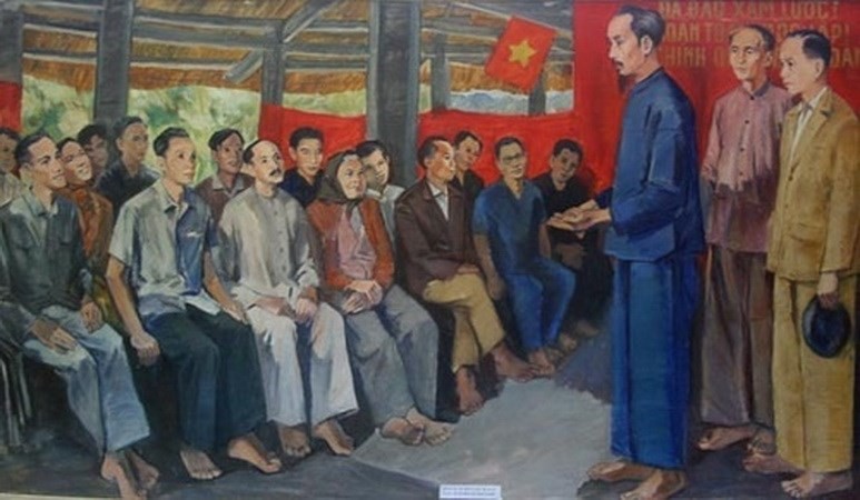 Bức họa Đại hội quốc dân họp ở Tân Trào ngày 16/8/1945 quyết định tổng khởi nghĩa trong cả nước.