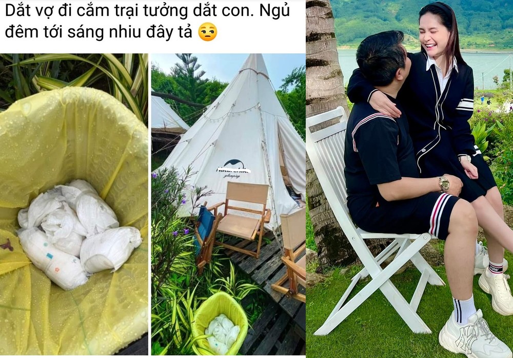 Trong chuyến đi tới Đà Lạt mới đây, Băng Di và ông xã đại gia Quốc Vũ chia sẻ nhiều khoảnh khắc hài hước lên trang cá nhân khiến fan "ngã ngửa". Theo đó, ông xã của  mỹ nhân Việt bày tỏ: "Dắt vợ đi cắm trại tưởng dắt con. Ngủ đêm tới sáng nhiêu đây tã". Trong phần bình luận, vị đại gia này tiết lộ rằng Băng Di dùng tã để tối ngủ lều không phải ra ngoài.