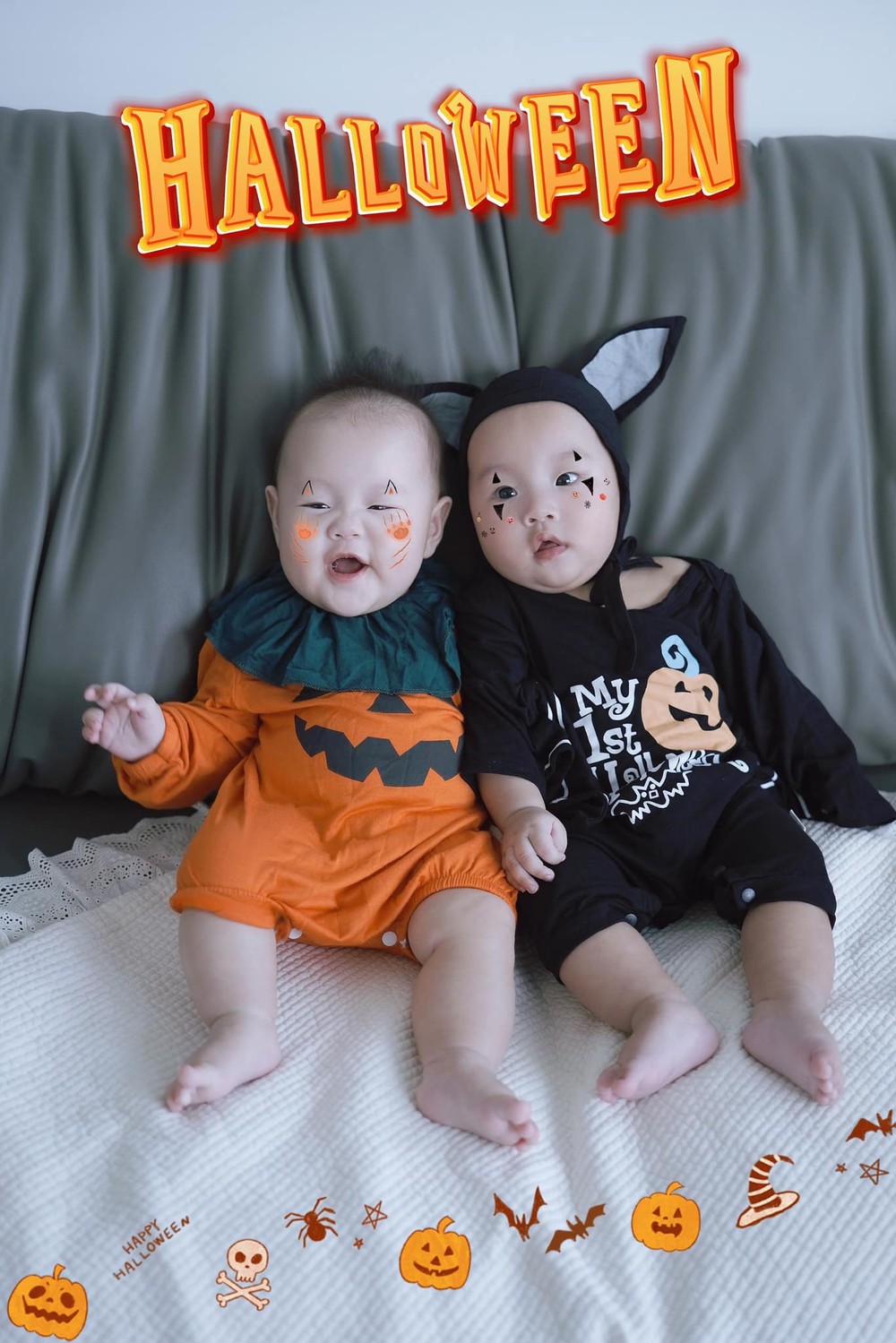  Tin tức sao Việt 31/10: Hai nhóc tì Jimmy và Jenny nhà Phương Oanh hoá trang Halloween. Ảnh: FB Đỗ Phương Oanh