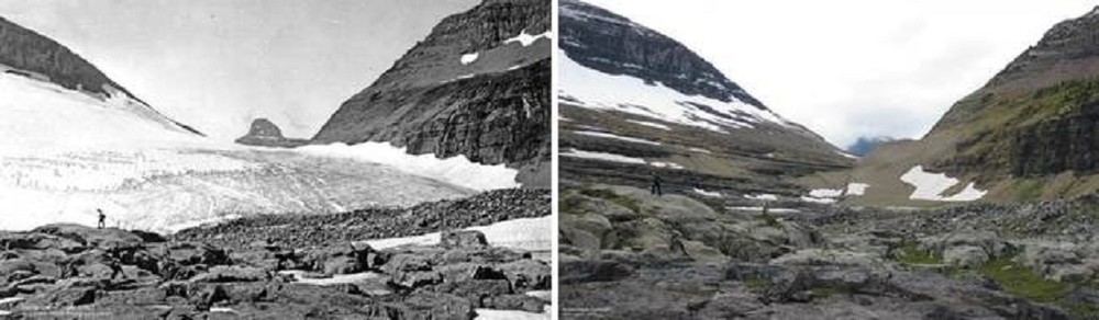 Đây là ảnh chụp đỉnh Boulder (sông băng Boulder, Vườn quốc gia Glacier, Mỹ) – nơi số ngày trên 30 độ đã tăng gấp 3 trong thế kỷ vừa qua. Công viên này từng có 150 sông băng nhưng hiện tại chỉ còn 25 sông băng, và rất có thể không còn sông nào trong 30 năm tới.