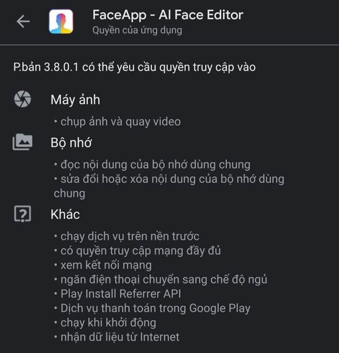 FaceApp một lần nữa trở lại vị trí top1 trên bảng xếp hạng download ứng dụng kho AppStore lẫn CH Play. Tuy nhiên, một số quyền truy cập của FaceApp vượt quá giới hạn của một ứng dụng chỉnh ảnh