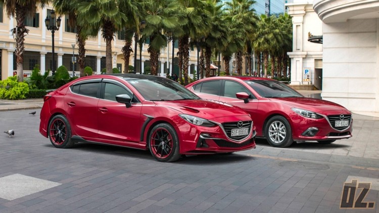 Bộ bodykit  độ xe sedan Mazda3 đầy cá tính tại Sài Gòn bao gồm cản trước, ốp hai bên sườn, cản sau, ca-pô, nẹp sườn 2 bên hông, cánh gió đuôi trên nắp cốp sau và bộ vành mới khiến chiếc xe mang đậm chất thể thao.