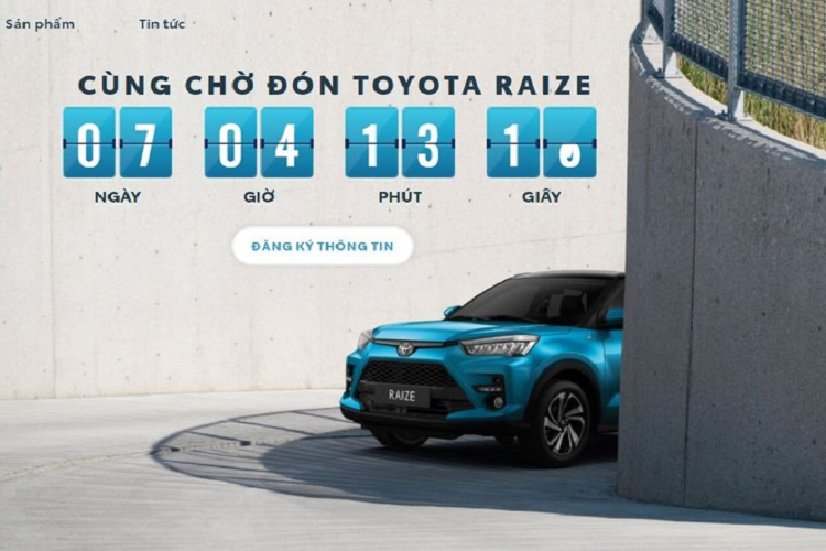 Đúng như thông tin từ giới tư vấn bán hàng,  Toyota Raize 2022 mới quả thật sẽ được ra mắt vào đầu tháng 11 tới đây. Hiện tại, hãng xe Nhật Bản đã thiết lập một đường link riêng biệt cho mẫu SUV cỡ nhỏ này để tiện cho người dùng tham khảo thông tin, đi cùng một đồng hồ đếm ngược tới ngày và giờ ra mắt, cụ thể là 19:30 ngày 4/11/2021.