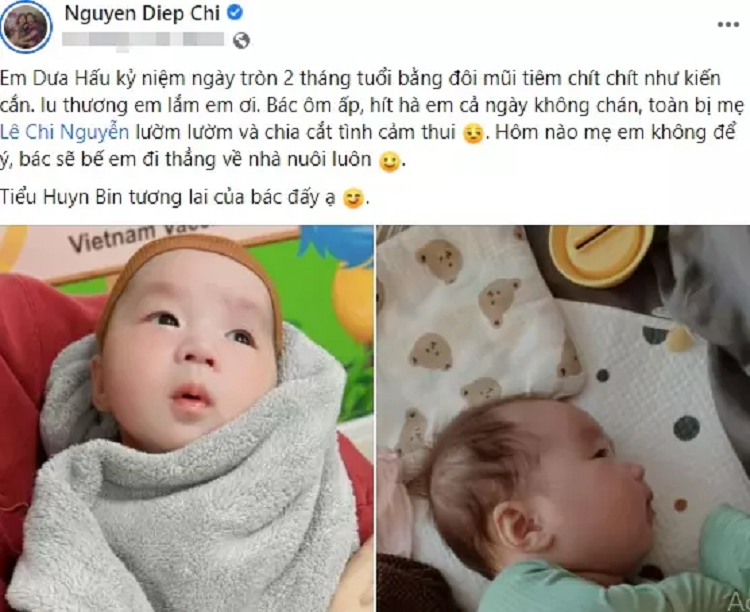 Chia sẻ của MC Diệp Chi.   Đính kèm chia sẻ là loạt ảnh "kute hột me" về cậu nhóc khiến mọi người thích thú.   Được biết, "tiểu Hyun Bin" mà MC Diệp Chi nhắc đến là con trai của em gái cô - Chuột Thổ Cẩm (Lê Chi Nguyễn). Cậu bé chào đời ngày 12/12/2021, đặt tên Hoàng Khôi (gọi thân mật ở nhà là Dưa Hấu).