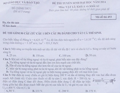 Gợi ý đáp án đề thi Đại học môn Vật Lý 2014