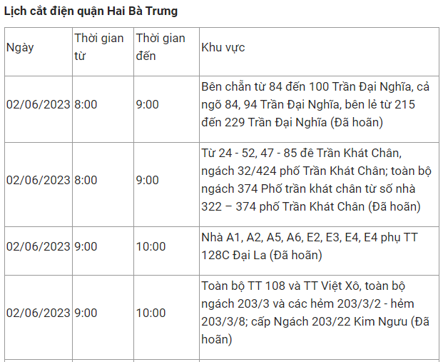 Tổng Công ty Điện lực TP Hà Nội đã có thông báo về lịch cắt điện trên toàn thành phố trong ngày 2/6. Độc giả nên nắm thông tin này để chủ động trong sinh hoạt, kinh doanh, sản xuất.