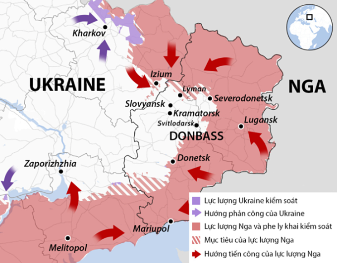 Tại hai thành phố Sieverodonetsk và Lisichansk thuộc Miền Đông Ukraine,  Quân đội Nga và Ukraine đang giao tranh ác liệt. Thống đốc vùng Luhansk thuộc quyền kiểm soát của phía Ukraine cho biết, trận địa pháo của Nga bắn phá dữ dội đến mức không thể thống kê được thương vong. 