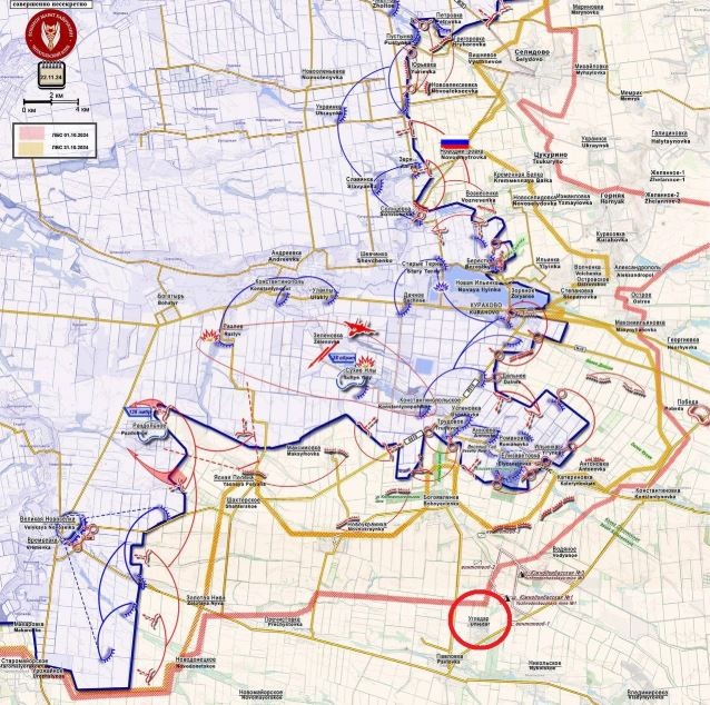  Mặt trận phía nam Donetsk của Ukraine, được tính từ khu vực thành phố Pokrovsk, kéo dài qua thành phố Kurakhove, qua Ugledar và xuống tới thị trấn Velyka Novosilka (còn được gọi là khu vực “mỏm đá Vremievsky”), giáp phía đông tỉnh Zaporozhye và phía nam tỉnh Dnipropetrovsk.