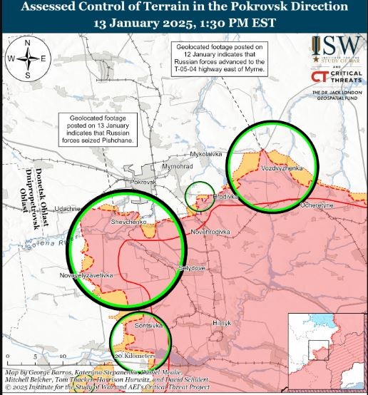 Ngày 14/1, Viện Nghiên cứu chiến tranh của Mỹ (ISW) cho biết,  quân đội Nga đã cắt một số tuyến đường về phía tây nam và phía đông Pokrovsk, nhằm làm gián đoạn hoạt động tiếp tế hậu cần của quân phòng thủ Ukraine, và buộc lực lượng này, phải rút lui khỏi Pokrovsk và Mirnograd, mà không cần tấn công vào đô thị.