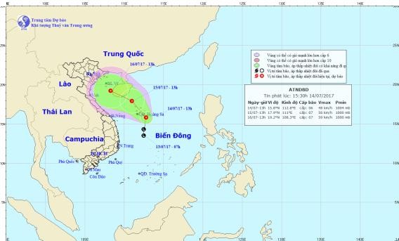 Vùng áp thấp trên Biển Đông mạnh lên thành áp thấp nhiệt đới