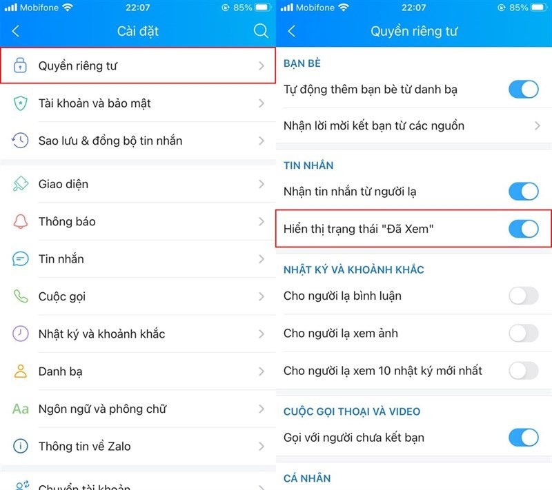 Tắt thông báo “đã xem” trên Zalo. Thông báo “đã xem” giúp bạn biết đối phương đã đọc được tin nhắn của bạn hay chưa. Nhưng nếu bạn “đã xem” mà chưa kịp trả lời thì có thể gây hiểu nhầm. Bạn có thể vào mục menu Thêm &gt; chọn biểu tượng hình bánh răng ở góc trên bên phải &gt; Quyền riêng tư &gt; Vuốt tùy chọn sang trái để tắt Hiển thị trạng thái “đã xem”. 