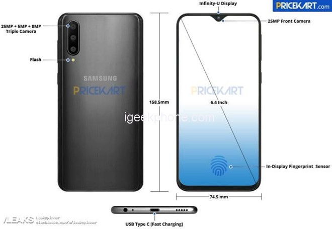 Galaxy A50 lộ diện: 3 camera sau, cảm biến vân tay dưới kính